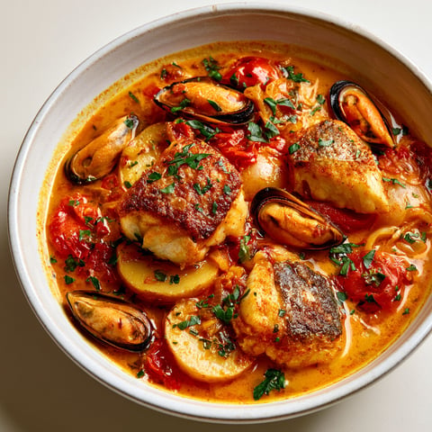 Bouillabaisse de morue aux moules et aïoli, une recette de poisson et moules dans un bol.