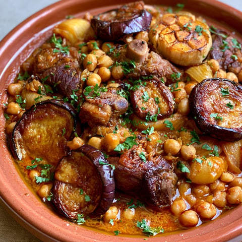 Une assiette de Tajine d'agneau aux aubergines confites, avec des légumes et des épices.