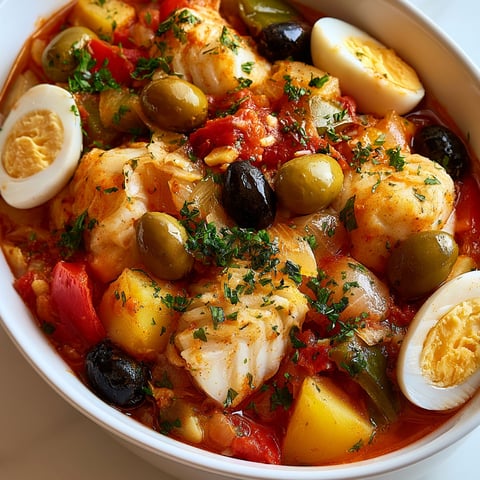Morue fondante, pommes de terre et olives dans une sauce tomate pleine de saveurs.